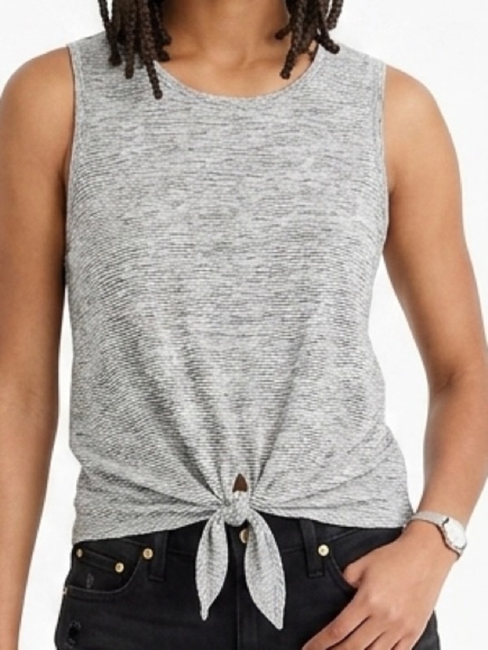 J. Crew Space Dyed Tie Front Tank Black and White Streaks Sz L Modal Knit